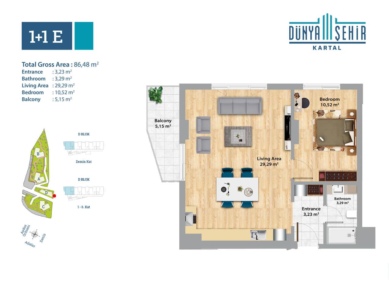 Dunya Sehir Kartal 项目 – 1+1 户型图