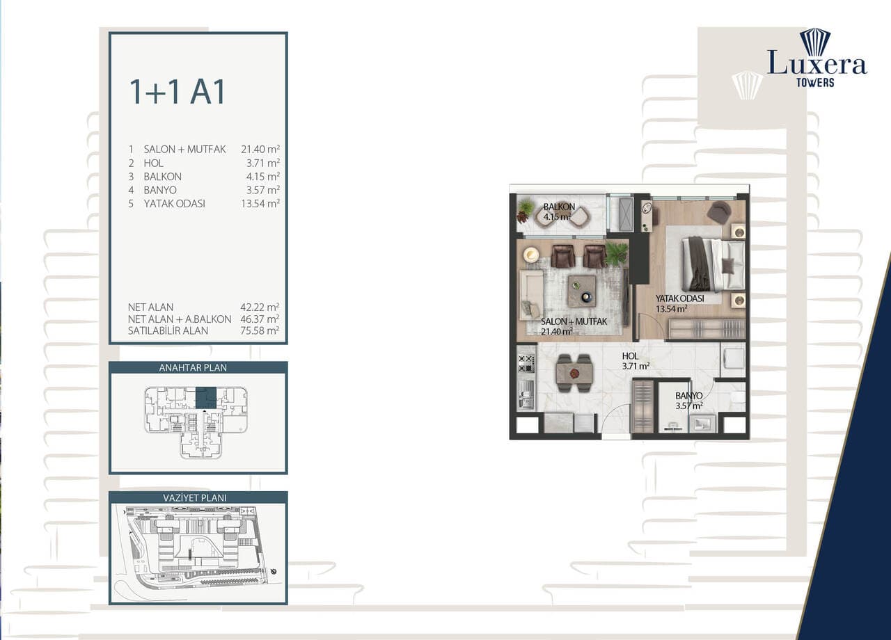 Luxera Towers 项目 – 1+1 户型图