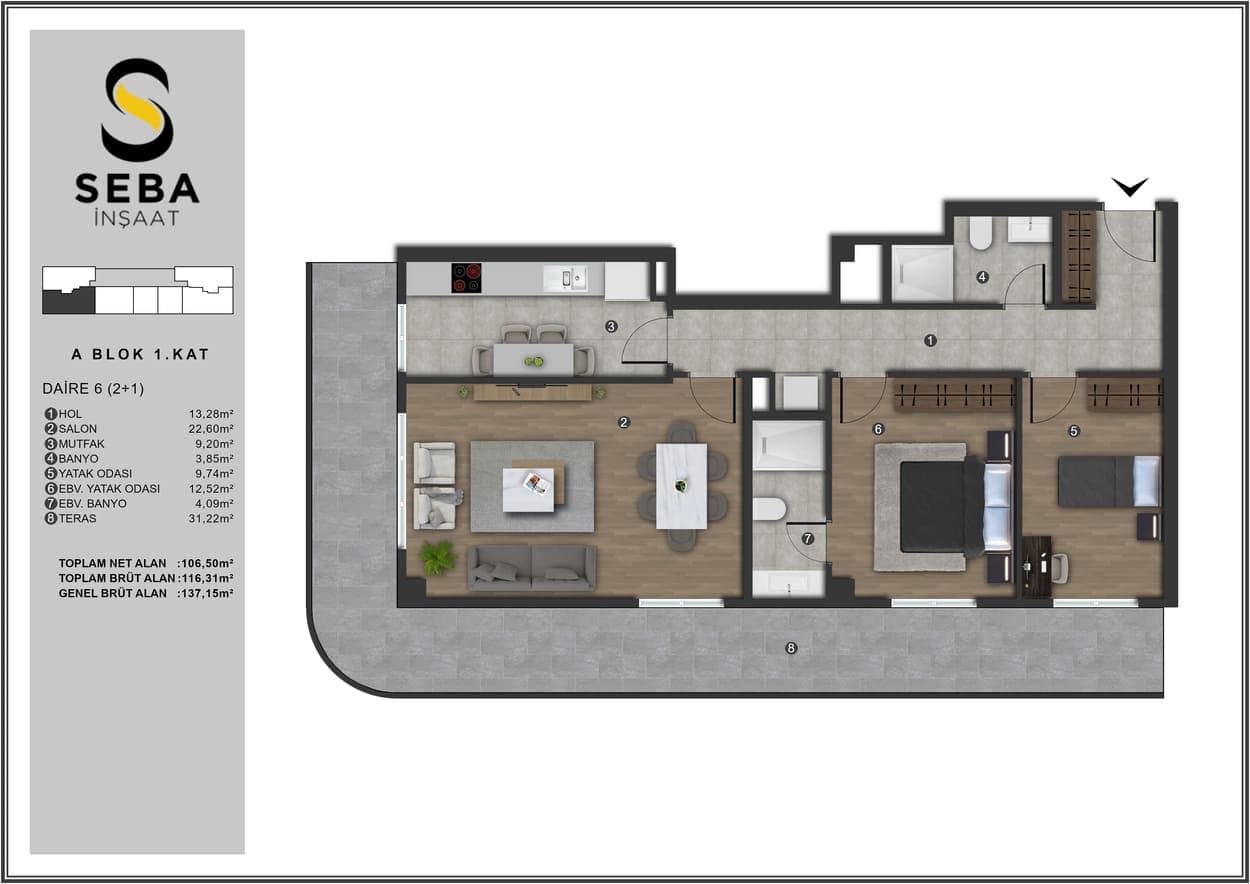 Seba Casa 项目 – 2+1 户型图