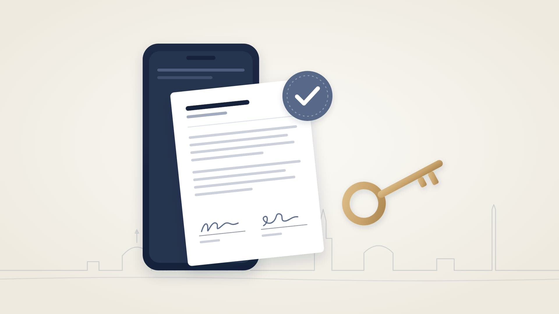 A rental contract signed on a phone with an approval seal, beside a house key