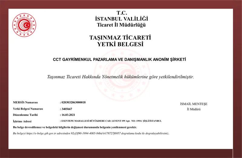 CCT Gayrimenkul Pazarlama ve Danışmanlık A.Ş. 的房地产交易许可证(第 3405667 号),由伊斯坦布尔省贸易局签发